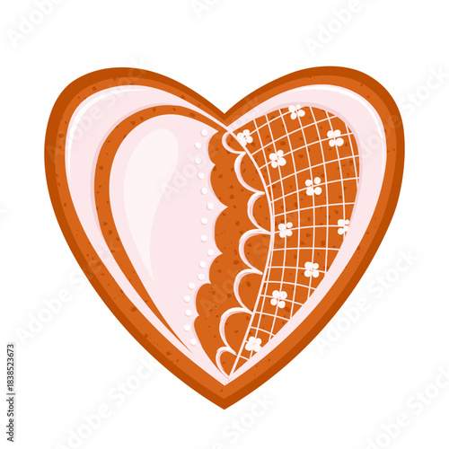 Hand drawn gingerbread heart with festive lace icing details. Charming holiday element for Valentine cards, packaging, festive prints. Romantic vector illustration isolated