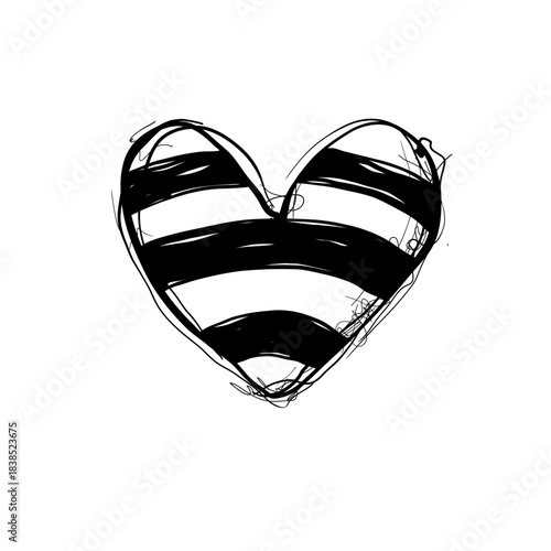 Drawing of a heart shape filled with black and white stripes on a simple background for art and design projects