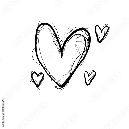 Drawings of hearts in different sizes on white background shows simple and expressive designs created by hand