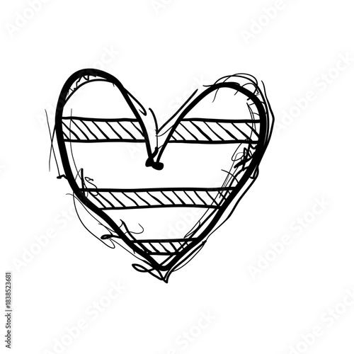 Sketch of a simple heart shape with striped pattern and rough outlines drawn with black lines on a white background