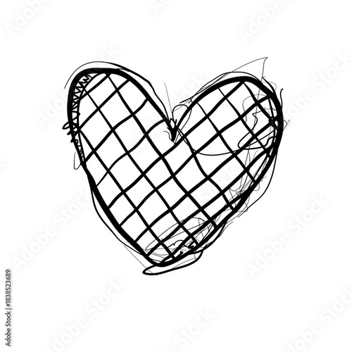 Heart shape drawn with grid lines and freeform lines in black on a white background for art-based project or design idea
