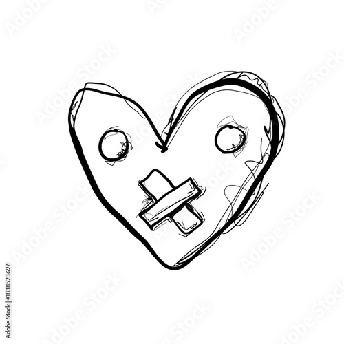 Sketch of a heart with stitches and a bandage drawn with simple lines on a blank background