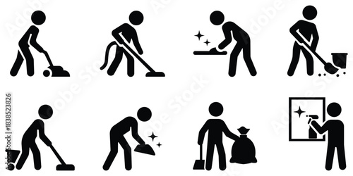 Cleaning worker icon set, Custodian task stickman pack, Janitorial activity silhouette collection