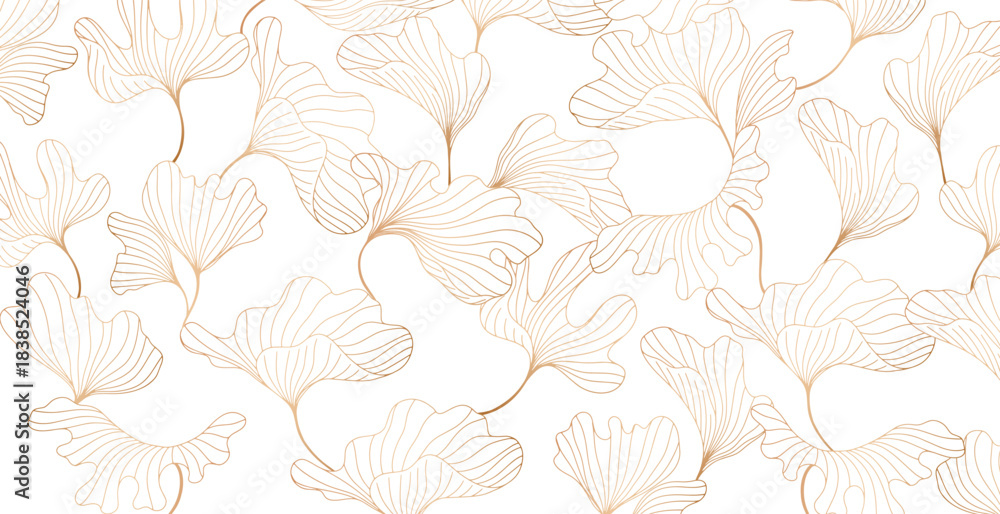 Obraz premium Golden leaves botanical background with modern style elements. Art deco or luxury wallpaper design. For wrapping, tropical vibes and decoration.Hand drawn line design