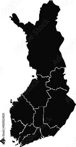 Black silhouette map of Finland with internal administrative divisions a clean vector illustration for travel and geography concepts
