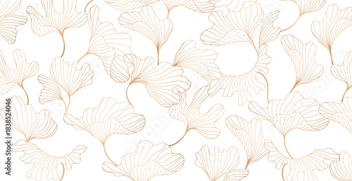 Golden leaves botanical background with modern style elements. Art deco or luxury wallpaper design. For wrapping, tropical vibes and decoration.Hand drawn line design