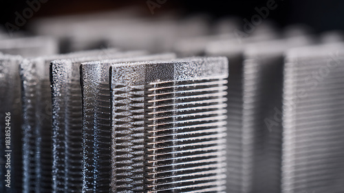 Macro shot of a stack of silver metal heat sink fins. The cool-toned metal is slightly textured and lined with tiny horizontal striations. The background is out of focus. Heat dissipation theme.