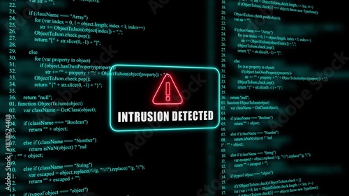 Red Exclamation Mark Warning Symbol intrusion detected Neon Sign on cyan Digital Code Background with Glitch Effect