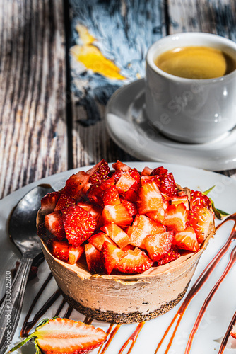 Strawberry cake with chocolate, accompanied by a coffee.