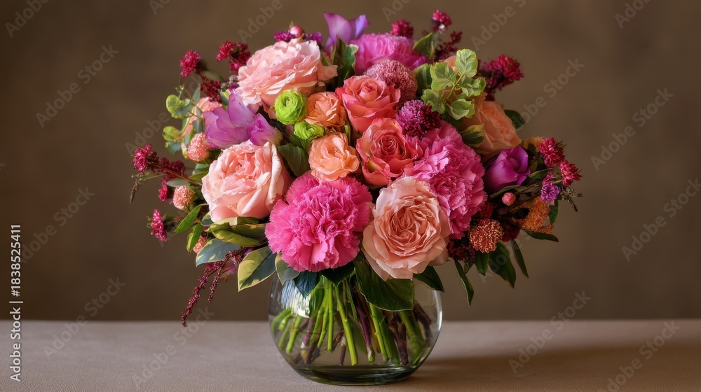 Obraz premium Bright flowers in shades of pink and orange fill a round glass vase. The bouquet includes roses and other blooms sitting on a simple table.