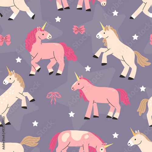Seamless pattern with pink and white cute unicorns on a violet background. Vector fairytale background illustration