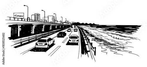 highway traffic during typhoon storm warning sketch