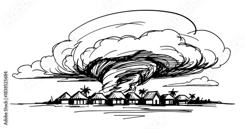 tornado hurricane approaching coastal village sketch