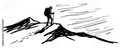 Photos lone hiker in a snow storm on mountain peak sketch