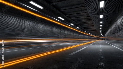 A long tunnel shows bright lights shining down from the ceiling. Orange lines run along the ground creating a sense of motion. The walls are dark and smooth adding to the effect.