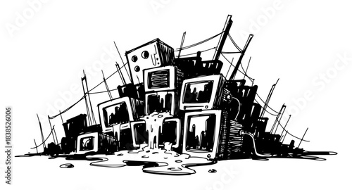 e-waste pile of old televisions electronic trash sketch