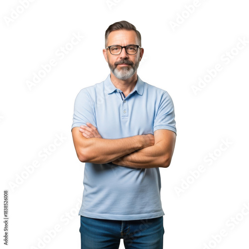 Mature man with beard and glasses wearing a light blue polo shirt and jeans standing confidently with arms crossed isolated on transparent background