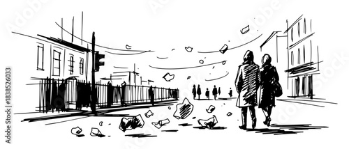 people walking on polluted city street with garbage sketch