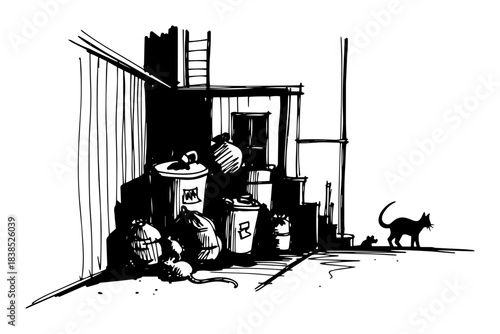 dirty city alley with trash cans cat and rat sketch