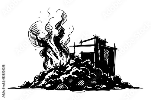burning garbage pile landfill fire air pollution sketch