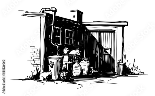 dirty back alley with overflowing trash cans and rat sketch