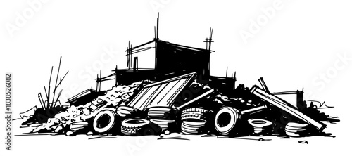 illegal landfill junk yard with old tires black vector silhouette