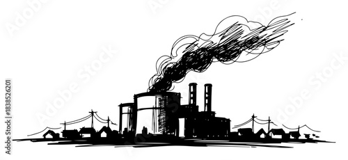 factory smoke causing air pollution over a town sketch vector
