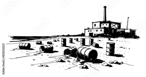 abandoned industrial site with leaking chemical waste barrels sketch