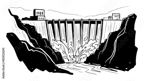 hydroelectric dam releasing water from reservoir vector illustration