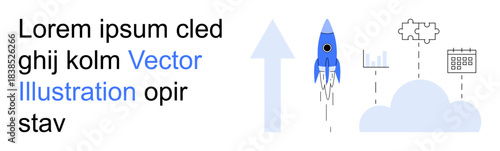 Business strategy, technology, cloud computing, startup, innovation, scalability. Rocket launching with arrow, cloud chart and puzzle designs. Business strategy and cloud computing concepts