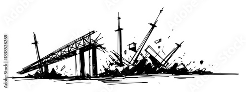 collapsed bridge destruction after disaster vector sketch