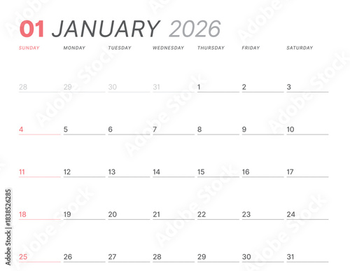 January 2026 monthly planner calendar template, week starts on Sunday. Minimalist vector illustration for web, print. Modern, simple schedule organizer, printable page for business and personal use