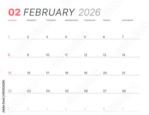 February 2026 monthly planner calendar template, week starts on Sunday. Minimalist vector illustration for web and print. Modern, simple schedule organizer, printable page for business, personal use