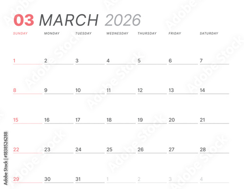 March 2026 monthly planner calendar, week starts on Sunday. Clean vector illustration for web, print. Minimalist, modern schedule organizer, printable page for business and personal time management