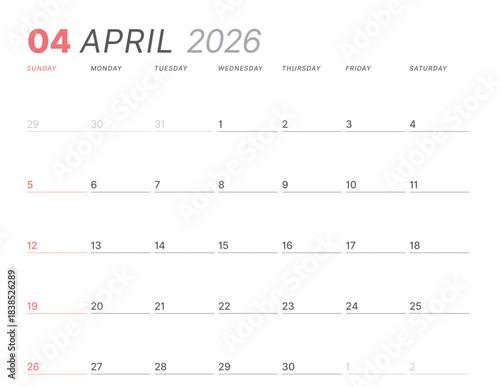 April 2026 monthly planner calendar, week starts on Sunday. Clean vector illustration for web, print. Minimalist, modern schedule organizer, printable page for business and personal time management