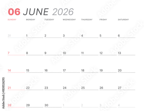 June 2026 monthly planner calendar, week starts on Sunday. Clean vector illustration for web, print. Minimalist, modern schedule organizer, printable page for business and personal time management