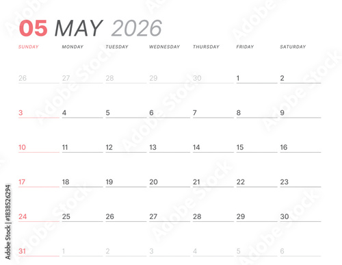 May 2026 monthly planner calendar, week starts on Sunday. Clean vector illustration for web, print. Minimalist, modern schedule organizer, printable page for business and personal time management