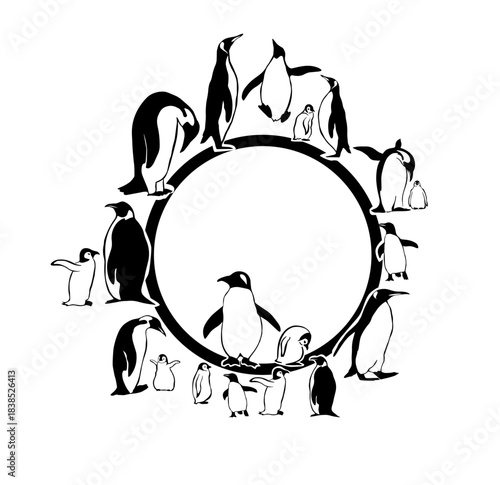 Round frame with penguins. penguin family. Hand drawn. Not AI, vector illustration.
