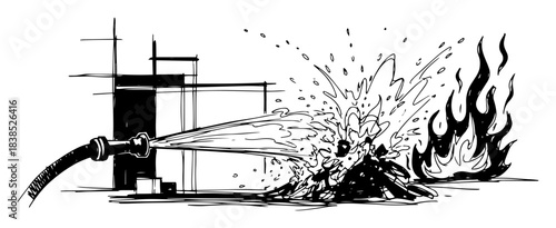 fire hose extinguishing flames with water spray sketch vector