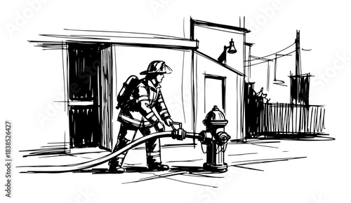 firefighter connecting hose to fire hydrant vector illustration