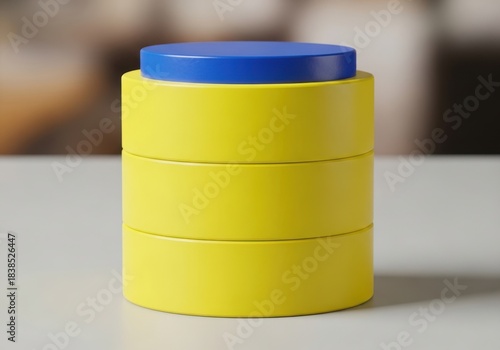 Bright yellow plastic container with blue lid stacked