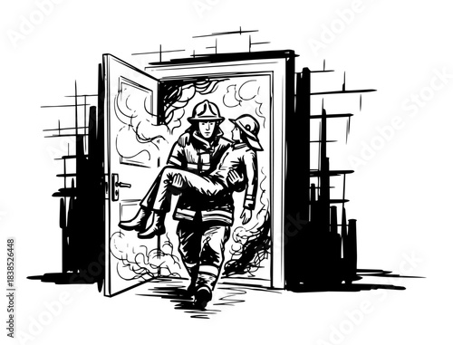 firefighter rescuing person from burning building vector sketch