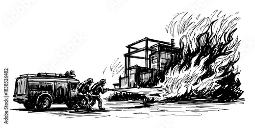 firefighters and vintage fire truck battling building fire sketch