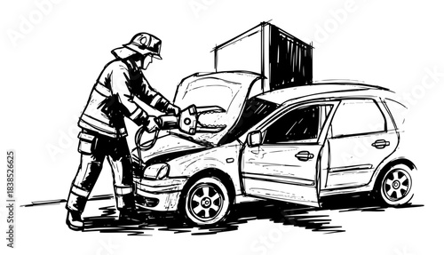 firefighter using rescue tool on crashed car after accident sketch
