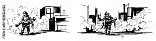 firefighter rescue mission carrying victim from smoke sketch set