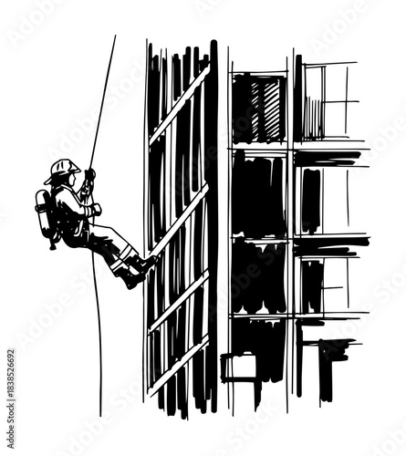rope access rescuer descending high rise building sketch