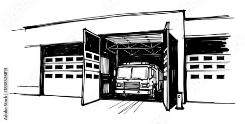fire station garage with fire truck inside sketch vector