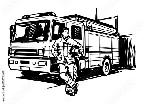 firefighter standing by a fire truck vector sketch illustration