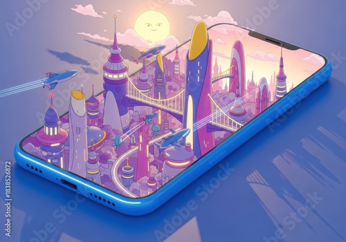 Futuristic cityscape digital art displayed on a smartphone screen