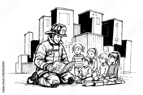 firefighter reading storybook to children sketch